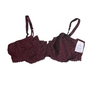 Auden Lace Unlined Comfort Wire Balconette Bra Berry Red 42D NWT